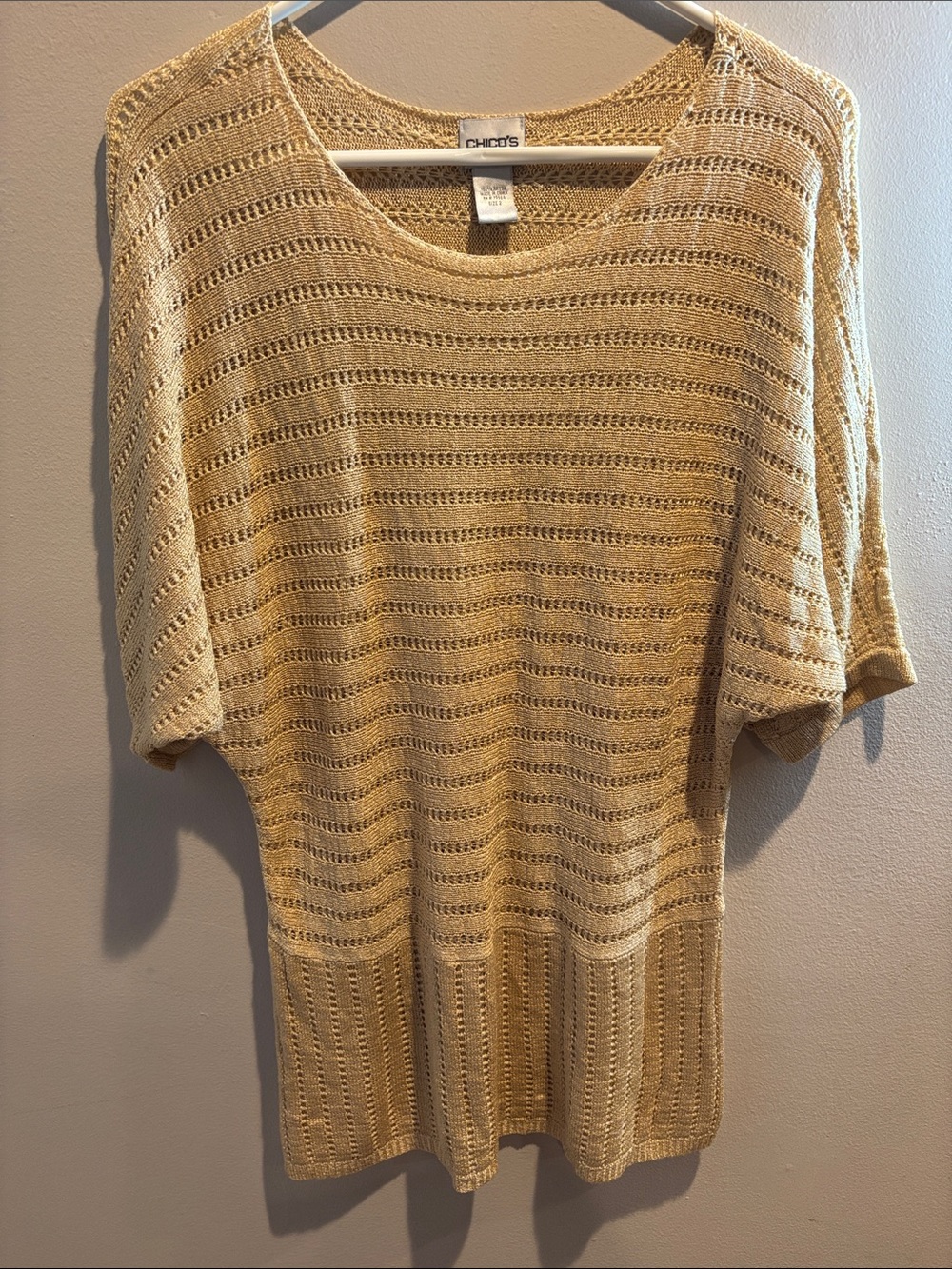 Chico's Beige Open-Stitch Short Sleeve Crew Sweater